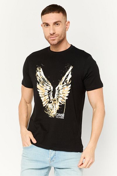 Cavalli Class Men Round Neck Short Sleeve Graphic Print T Shirt, Black Combo
