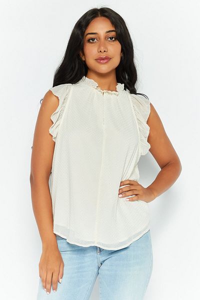 Michael Kors Women Petite Ruffle Collar Flutter Sleeve Textured Top, Ivory