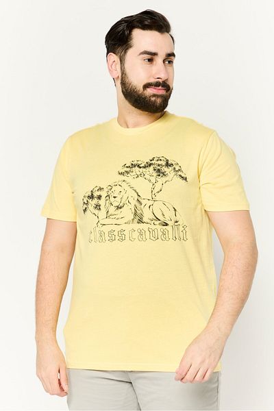 Cavalli Class Men Crew Neck Short Sleeve Graphic Print T-shirts, Yellow/black