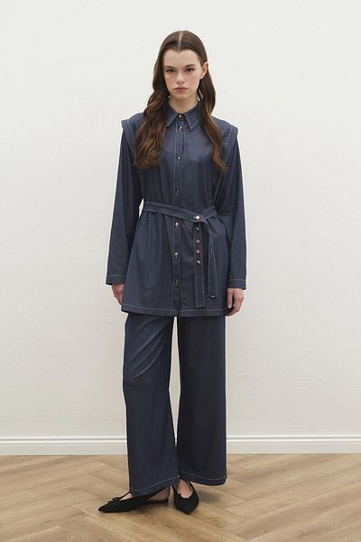 Hooopstore Double Stitching Detailed Denim Trousers Navy Blue Suit