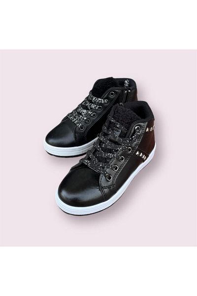 İpek Silk Girl Child Black Glitter Lace-Up Zipper Boots Botie