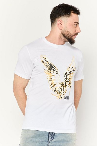 Cavalli Class Men Crew Neck Short Sleeve Graphic Print T Shirt, White