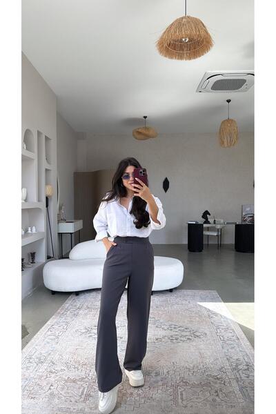 Buket Teke Pantaloni Palazzo cu nasturi laterali antracit