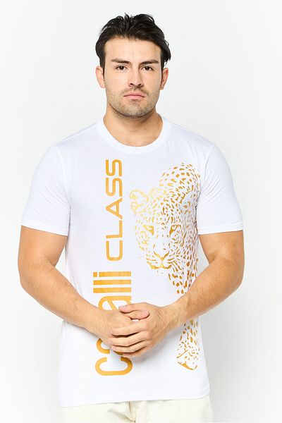 Cavalli Class Men Round Neck Short Sleeve Graphic Print T-shirt, White