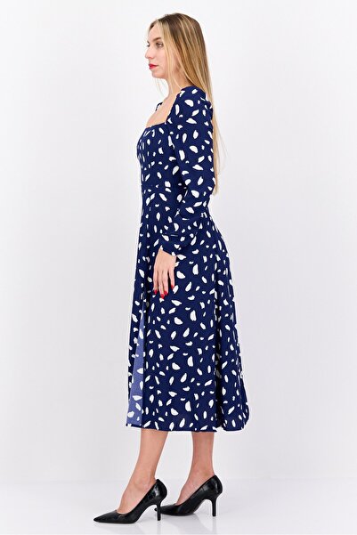 OPT Women Allover Print Midi Dress, Navy Blue/White