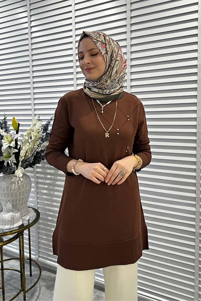 Rabia Şamlı Gonca Stone Knitwear Τούνικ Καφέ