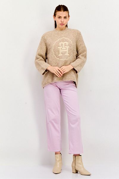 Tommy Hilfiger Women Crew Neck Long Sleeves Embroidered Sweater, Grey