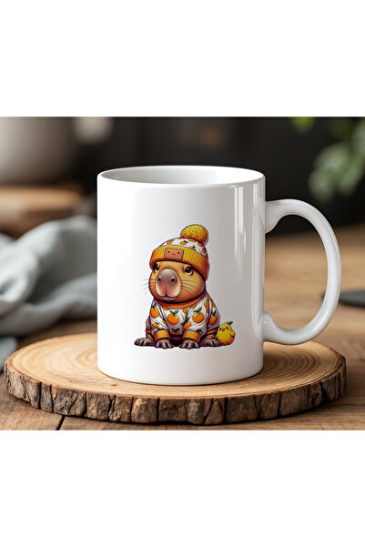 BB TRADE White Ceramic Printed Mug with Orange Outfit Capybara Design 330ml