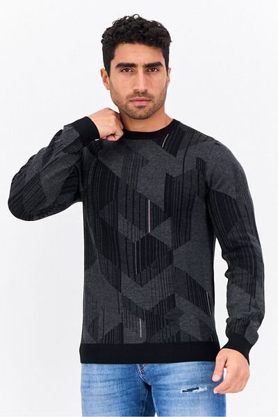 Perry Ellis Men Crew Neck Long Sleeves Allover Print Sweater, Black