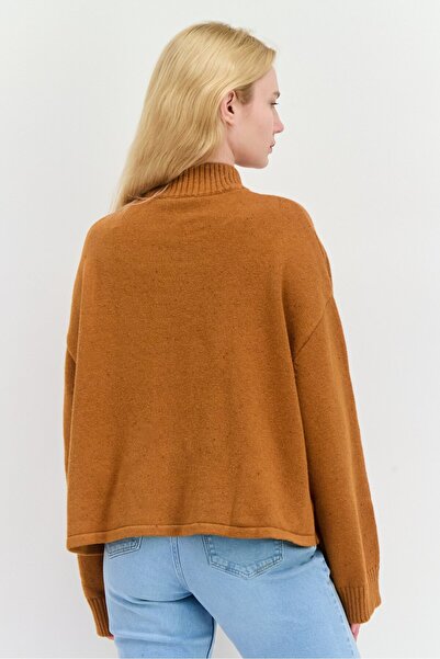 Lyle & Scott Women Mock Neck Embroidered Sweater, Brown