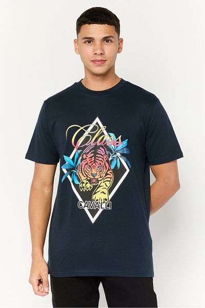 Cavalli Class Men Crew Neck Short Sleeve Graphic T Shirt, Navy Combo