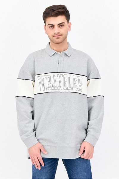 WRANGLER Men Spread Collar Long Sleeve Embroidered Logo Sweatshirt, Grey