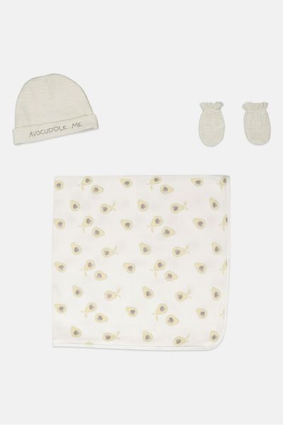 RABBİT BEAR 3 Pieces Blanket And Mitten With Bonnet Set, White/mint