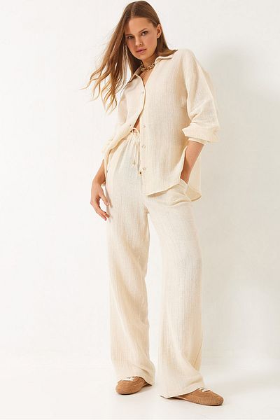 Bianco Lucci Damen-Oversize-Shirt mit Taschen, Palazzo-Gold-Musselin-Unter- und Oberteil-Set 80152 60271078