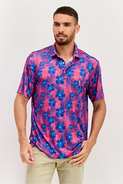 TailorByrd قميص بولو رجالي بقصّة عادية وأكمام قصيرة وطبعة كاملة، أرجواني/أزرق