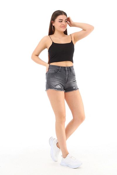 CEDY DENIM شورت جينز قصير من قماش الدنيم باللون الرمادي عالي الخصر - C603