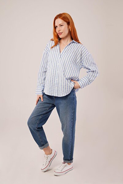 My Reality Fashion    Striped Relaxed Cut Blue Shirt