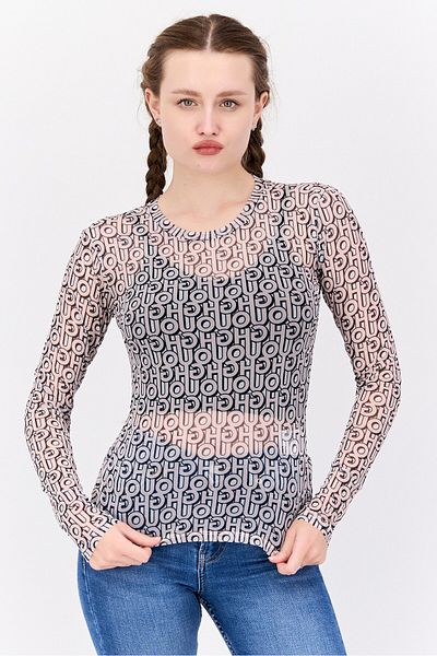 Hugo Boss Women Mock Neck Long Sleeve Allover Print Top, White/Pink