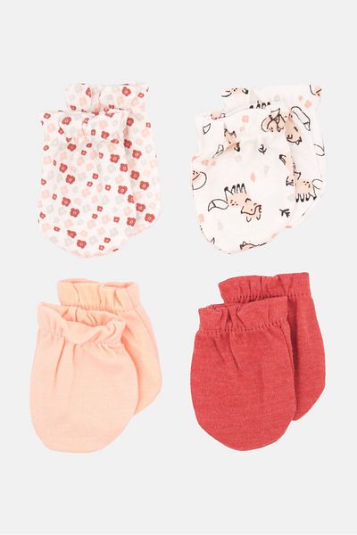RENE ROFE Toddlers Girl 4 Pairs Printed Mittens, White/peach/rust