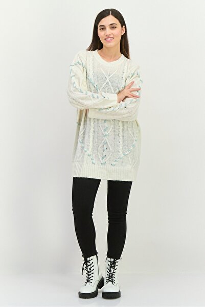 NATIVE YOUTH Women Round Neck Textured Sweater, Cream