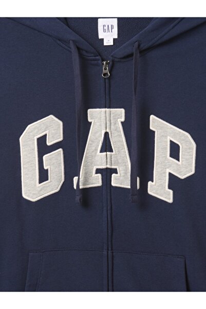 GAP Erkek Lacivert Logo Fermuarlı Fransız Havlu Kumaş Sweatshirt