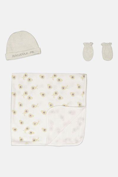 RABBİT BEAR 3 Pieces Blanket And Mitten With Bonnet Set, White/mint