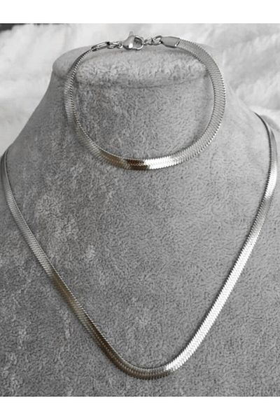 Takı Dükkanı Stainless Steel Flat Snake Model Necklace and Bracelet Set - scb25s
