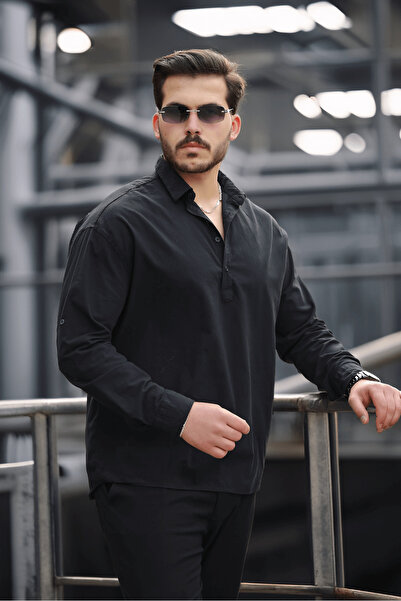 Valiberta Half Placket Collar York Cotton Fabric Long Sleeve Men's Shirt - Black