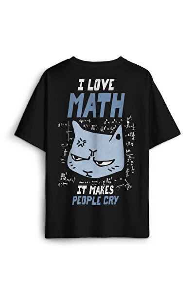 Kendim Seçtim I Love Math Matematik Formül Kedi Baskılı Oversize T-shirt Siya...
