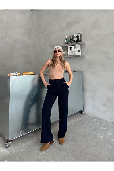 AFROGİYİM High Waist Buttoned Wide Leg Fabric Trousers