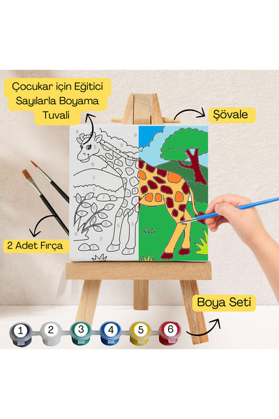 hediye hobim Çocuklar İçin Eğitici Sayılarla Boyama Seti Zürafa–20x20 Tuval,Şövale,Boya&Fırça ,Sanat ve Zeka