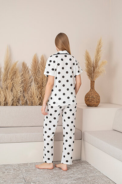 Sude HOMEWEAR Women's Short Sleeve Black Polka Dot Front Buttoned Pajama Set