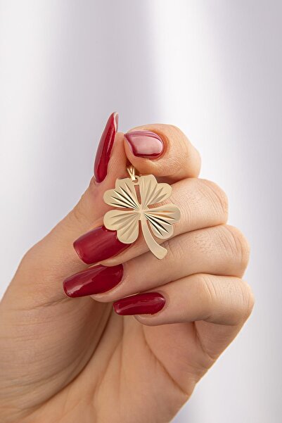 Fiyonk Kuyumculuk 14 Ayar Altın Işıltılı Midi Yonca Kolye Ucu