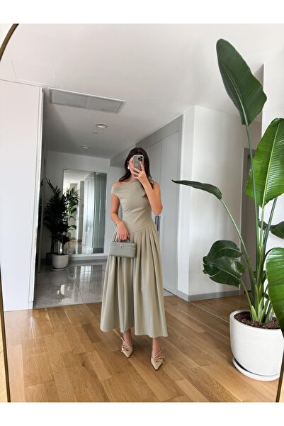 fmnbutik tasarım marka muadil bele oturan midi çan etek kayık yaka askılı pin...