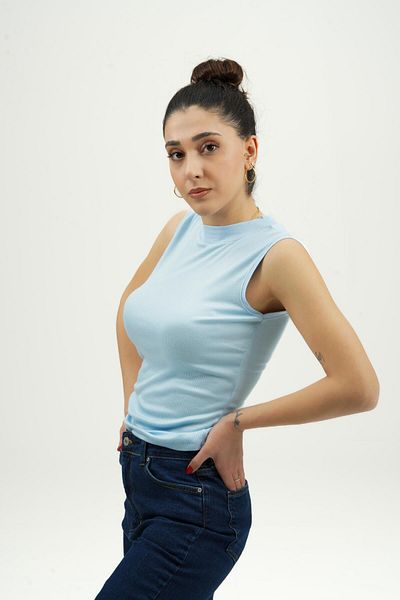 Sora Wear Tricou de damă cu gât cu mâneci zero din viscoză - albastru