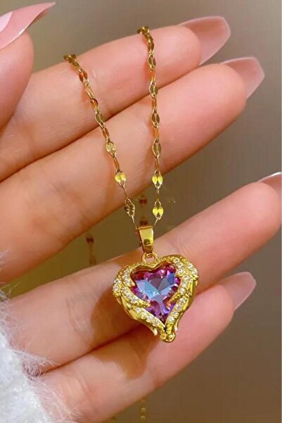 Takı Dükkanı Gold Renk Okyanusun Kalbi Pembe Taşlı Kadın Çelik Kolye eck48