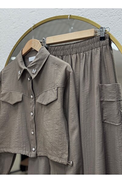 Ebrar Store Selin Shirt Short and Bronchi Skirt Suit-Ay8570 Brown