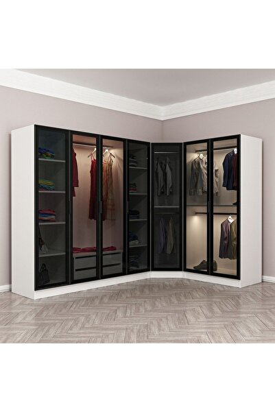 Minar Kale 190 7 Füme Cam Kapaklı 2Ç Köşe Dolap Beyaz Füme Cam