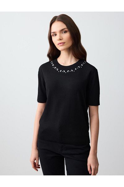 Jimmy Key Black Short Sleeve Embroidered Crew Neck Knitwear T-Shirt