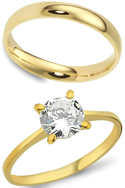 Takı Dükkanı Gold Renk 4mm Gümüş Alyans ve Gümüş Tektaş Yüzük Seti wsr120