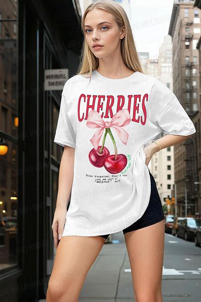 Millionaire Dámské tričko Cherries Ecru White Oversize Fit Volný Široký střih Volný střih