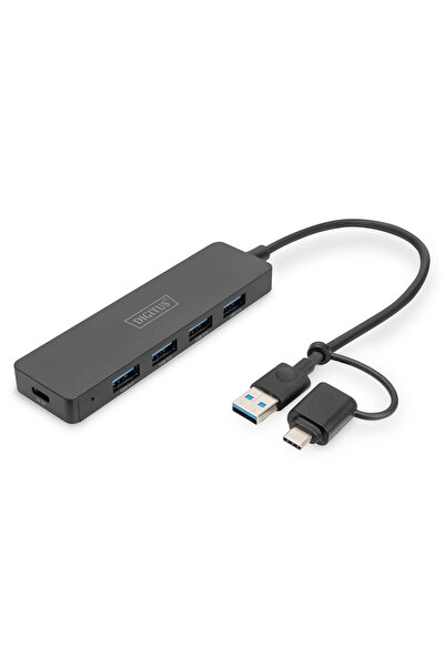 Digitus USB 3.0 Hub, 4 port, Slimline USB-C adaptörlü, 5Gbps, 0,2 m kabl