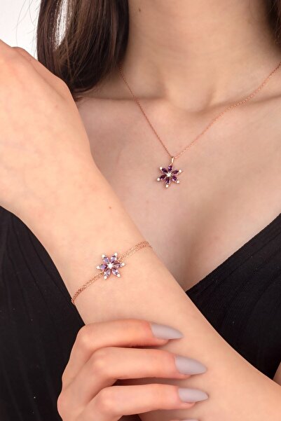 Takı Dükkanı Lotus Flower Purple Stone Women Necklace and Bracelet Set Bbb22S
