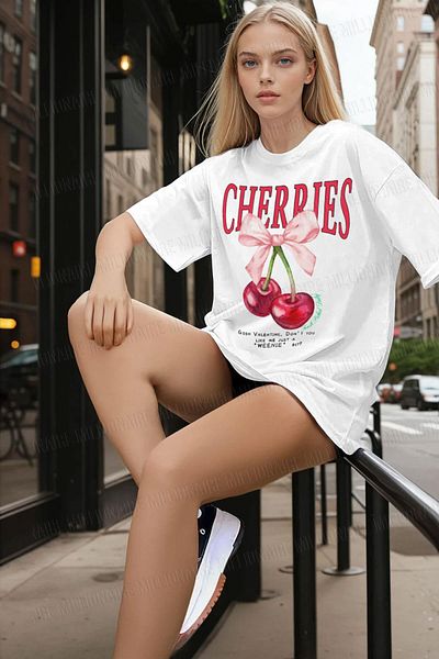 Millionaire Dámské tričko Cherries Ecru White Oversize Fit Volný Široký střih Volný střih