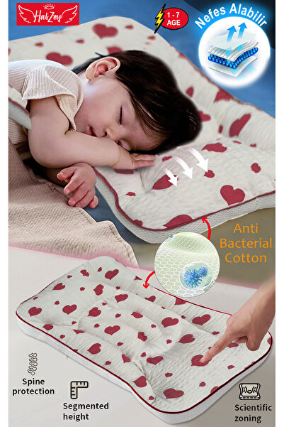 Ortopedik Çocuk Yastığı Comfortable Baby 52x32x4 cm Nefes Alabilir Pamuklu Kumaş, Kırmızı Kalp Desen