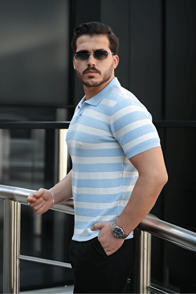 Valiberta Premium Side Stripes Viscose Polo Neck Knitwear Ανδρικό T-Shirt - Μπλε