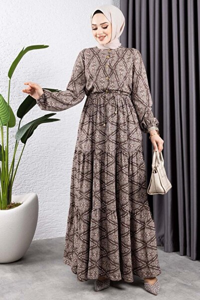 Genel Markalar Bağcıklı Desenli Viskon Elbise