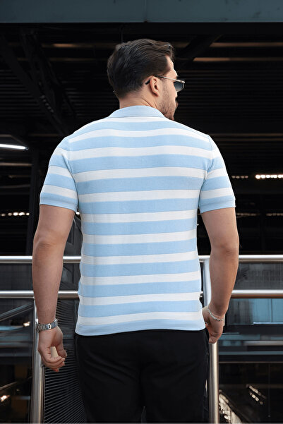 Valiberta Premium Side Stripes Viscose Polo Neck Knitwear Ανδρικό T-Shirt - Μπλε