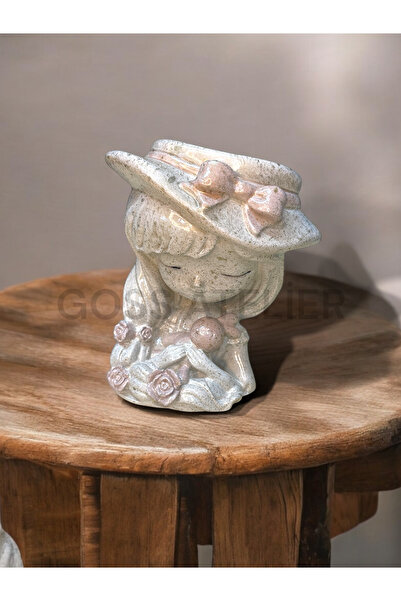 Handmade şapkalı kız dekoratif heykel saksı ve obje
