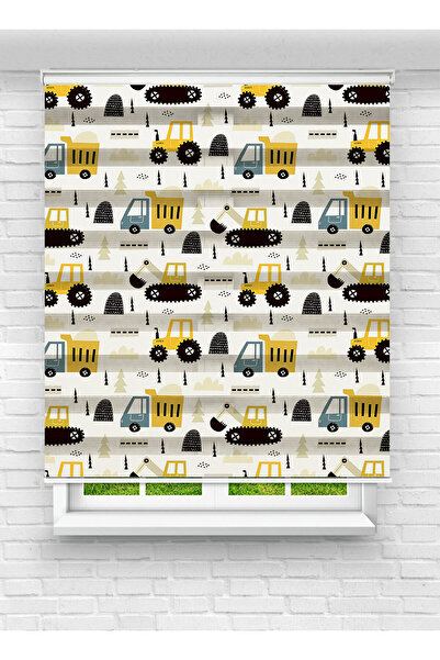 vanilyahome Çocuk Odası İçin İş Makinesi Motifli Zebra Stor Perde